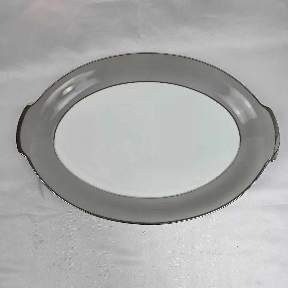 Sango Plantina Oval Serving Platter White with Gray Band & Platinum Trim